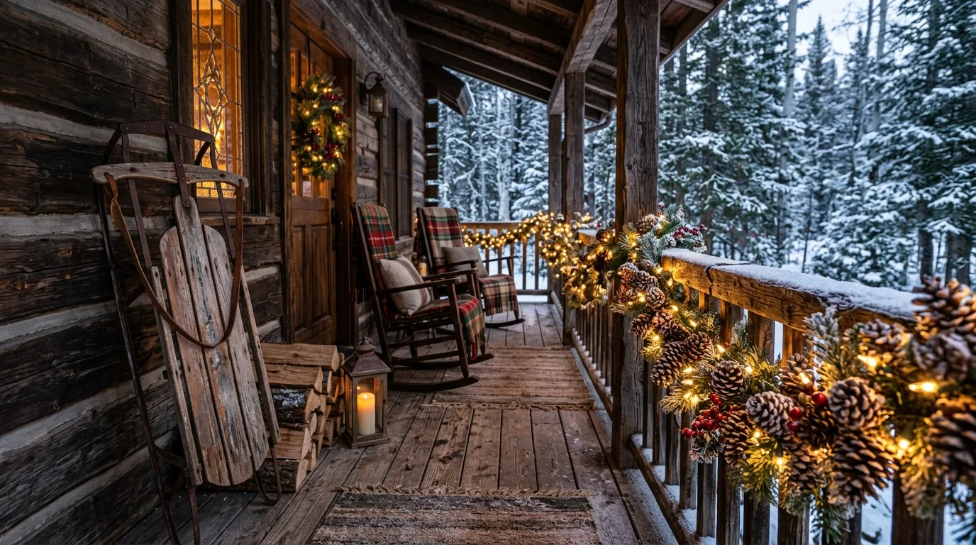 Rustic Porch With Wooden Sled and Pinecones
